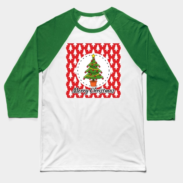 Christmas Tree on Red White Pines Pattern - Merry Xmas Baseball T-Shirt by BirdAtWork